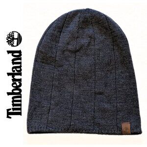 Timberland Men's Gray Ribbed Slouchy Knit Beanie Hat Leather Logo Patch